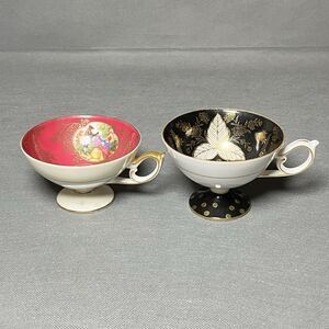 2 Vintage Del-Mar Teacups Gold Trim- Black & Floral-Raspberry Victorian Garden